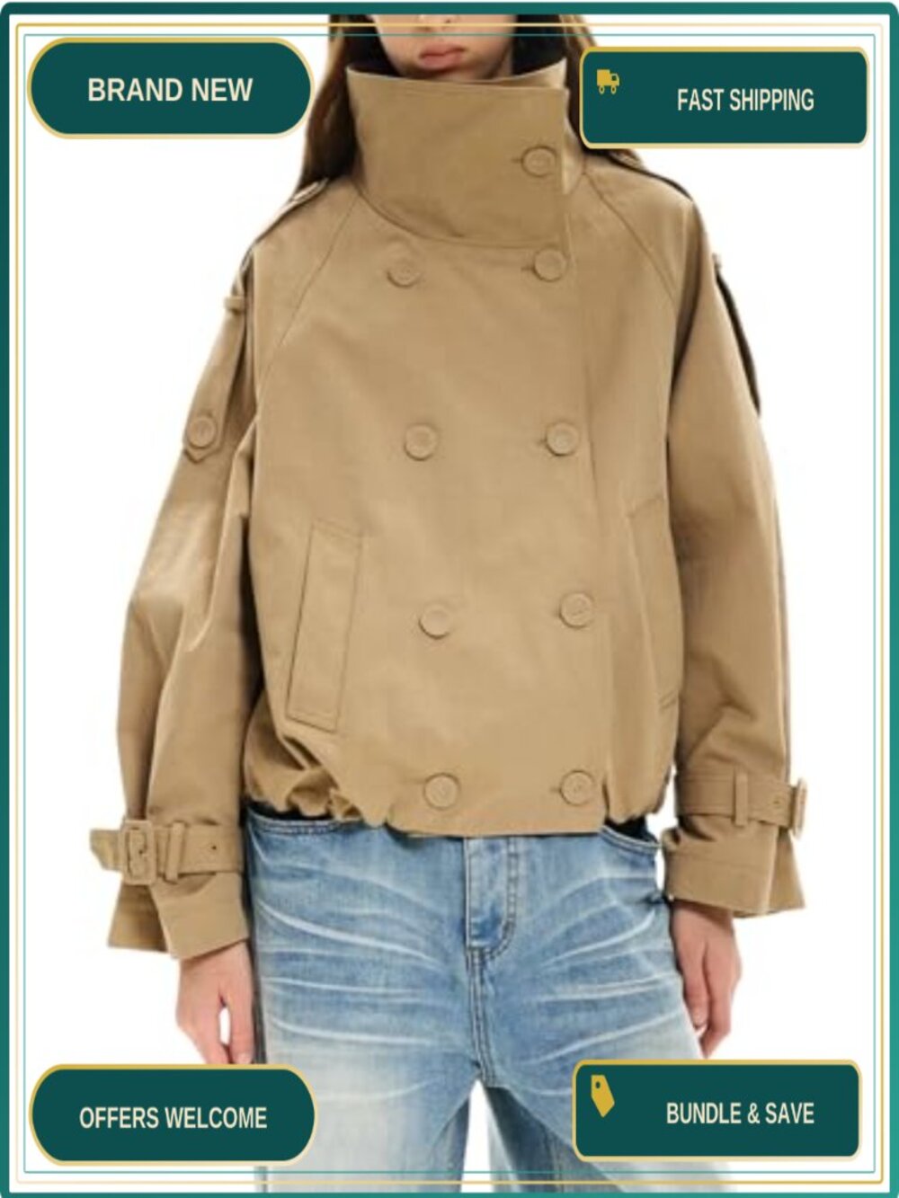 Womens Cropped Trench Coat Funnel Neck Double Breasted Pleated Hem Fall